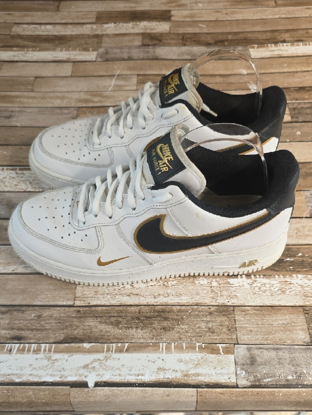 Nike White & Black Air Force 1 with Gold Logos - Picture 4 of 9